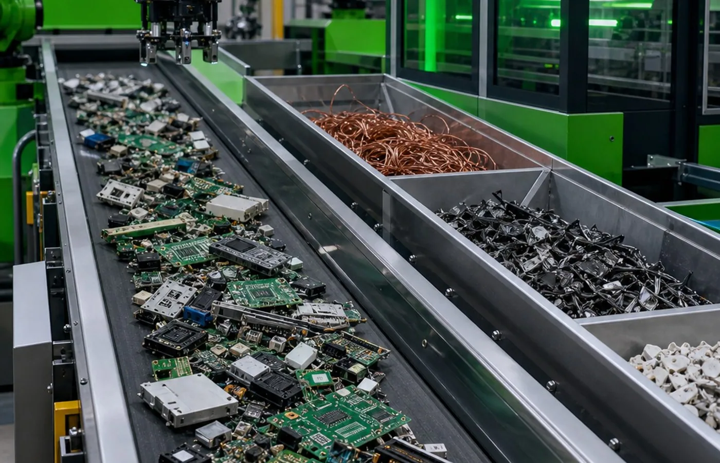 Microchip e schede elettroniche su un nastro trasportatore di un impianto RAEE
